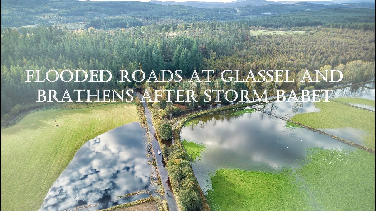 Flooded roads at Glassel and Brathens, Banchory, Scotland after storm Babet