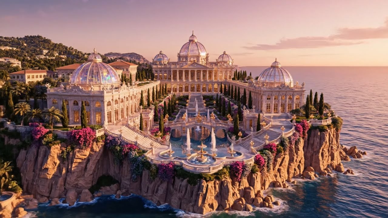When the Sun Sets on the Masterpiece of the Crystal Cliff Palace | AI Luxury Architecture (4K)