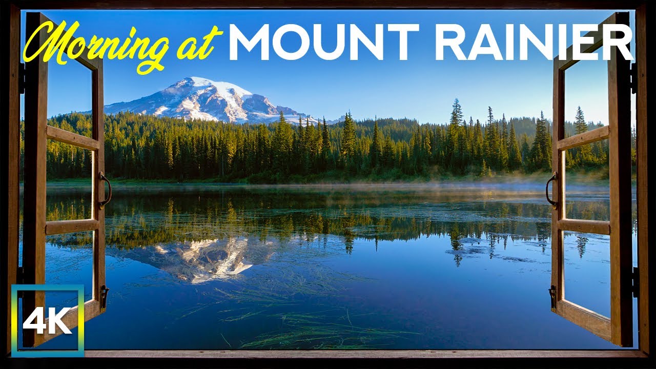 Serene Lake View - 4K Virtual Window - Morning at Mount Rainier + Relaxing Nature Sounds