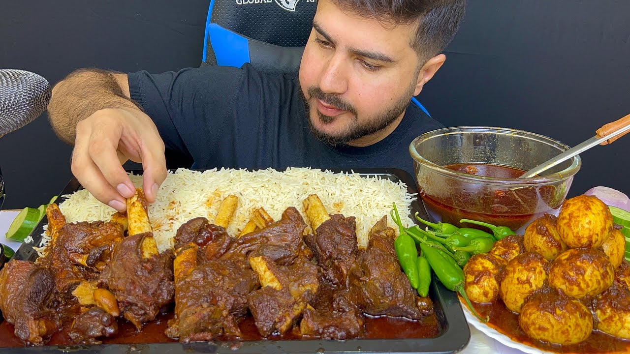 ASMR Eating Spicy Mutton Curry spicy eggs curry with rice & extra gravy green chilli salad mukbang