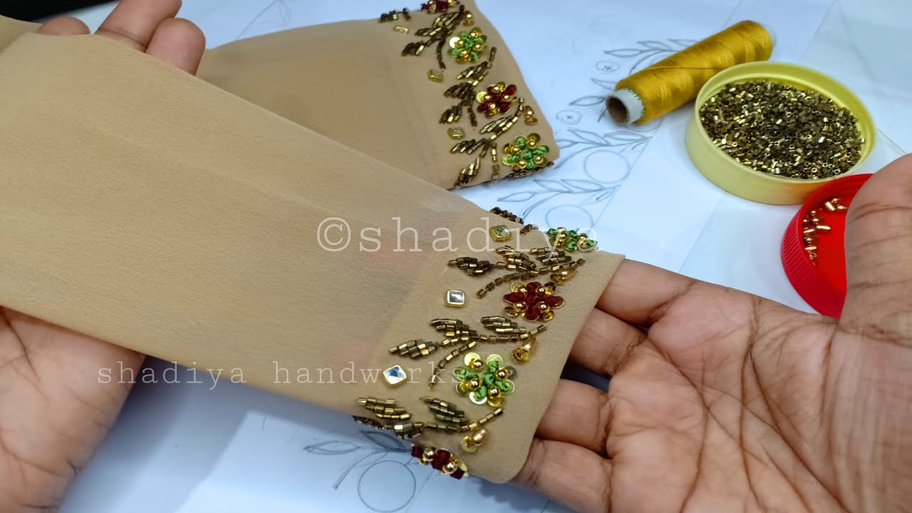 Simple sleeve embroidery with thread and beads|embroidery border design for sleeves