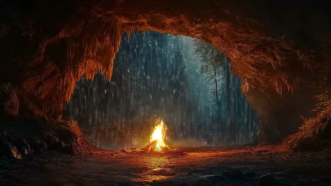 Gentle Rain and Warm Fire in a Quiet Forest Cave | Relaxing Ambience for Sleep and Meditation