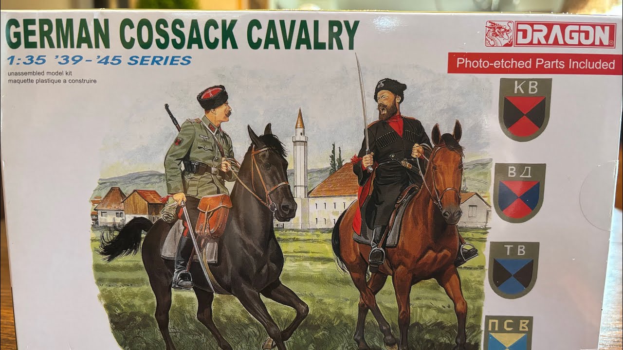 WWII German Cossack Cavalry Dragon models 1/35 look in the box, and finished diorama.