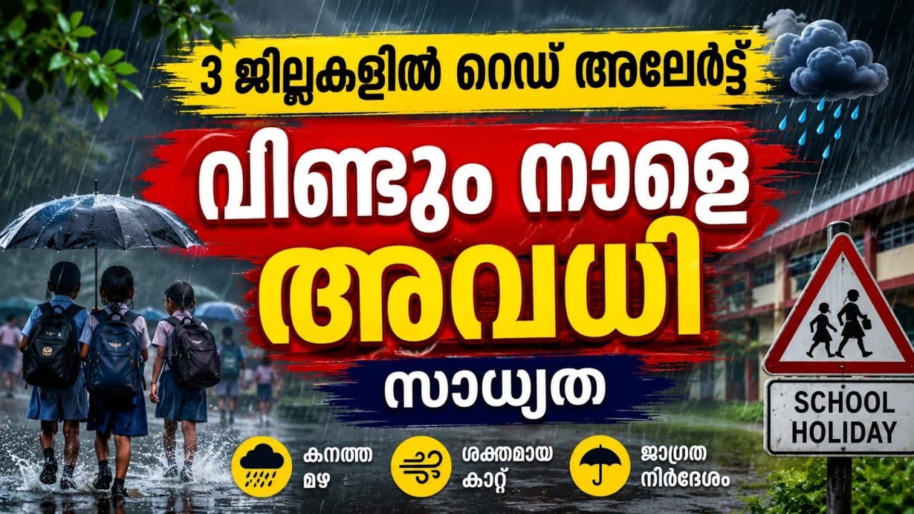 🔴3 ജില്ലകളിൽ റെഡ് അലേർട്ട് | വീണ്ടും നാളെ അവധി സാധ്യത? 🌧️ കേരളത്തിൽ ശക്തമായ മഴ|#School#Holiday#News