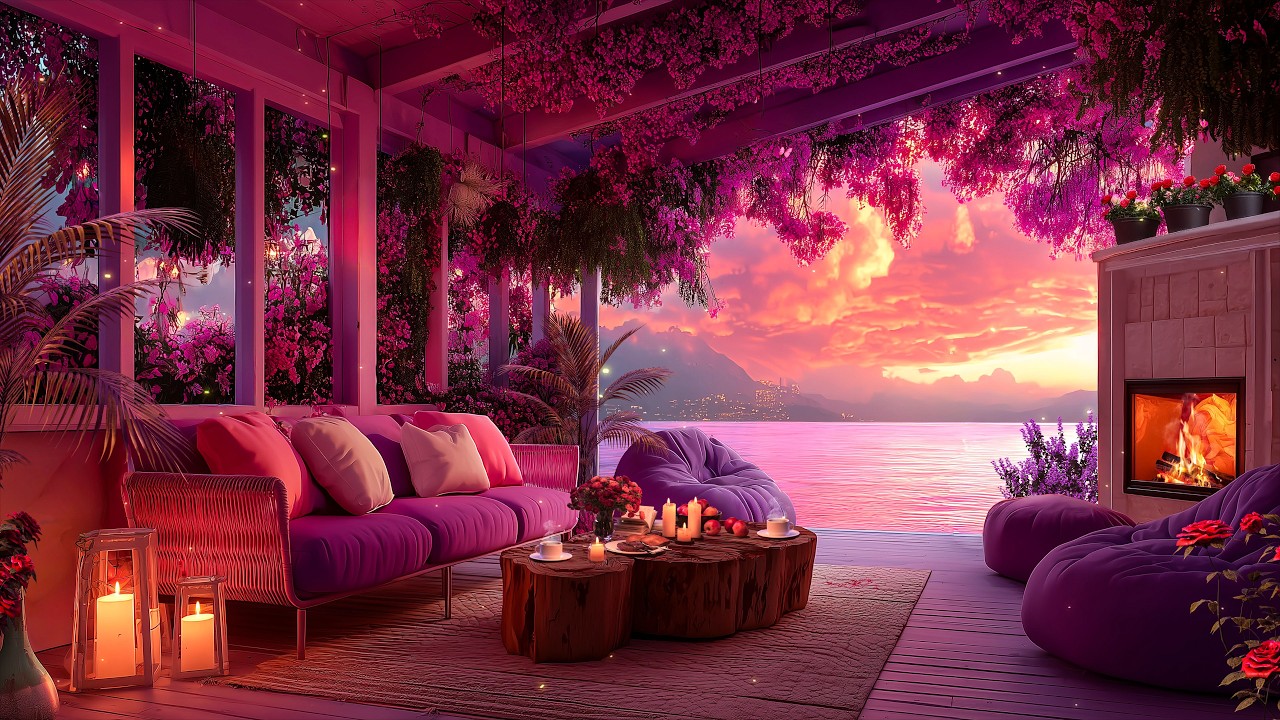 Romantic Sunset by the Sea 🌺 Cozy Purple Sofa and Fireplace Patio 4K