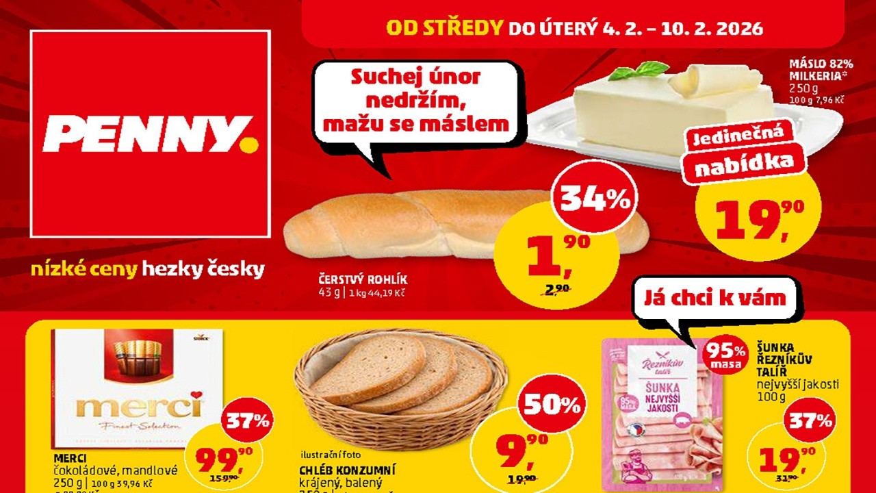 🔥 PENNY LET&Aacute;K od 4.02.2026 🇨🇿 | Nejnověj&scaron;&iacute; akce, slevy a v&yacute;hodn&eacute; nab&iacute;dky 🛒