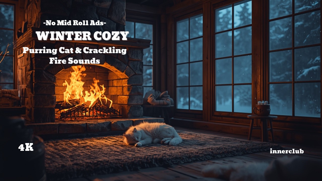 Winter Night with a Purring Cat | Snowfall & Crackling Fireplace Ambiance