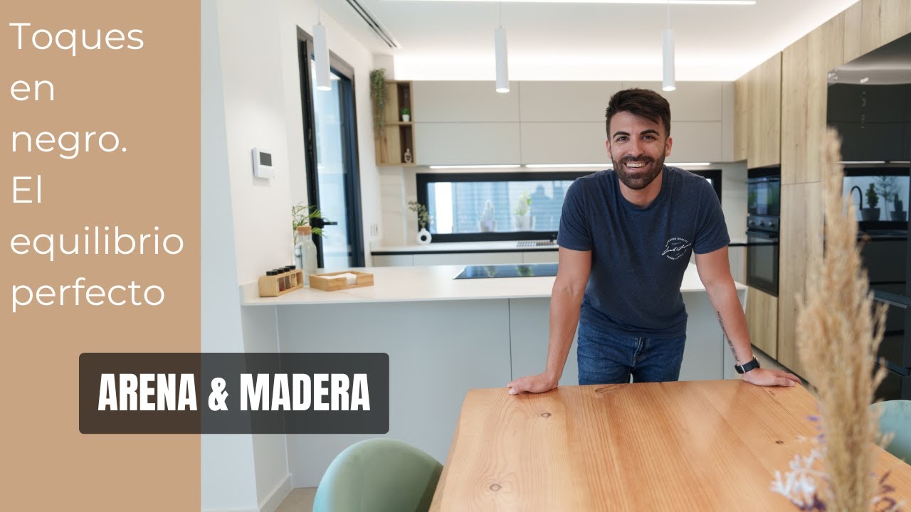 🌟 Cocina arena y madera | Con frontal de cristal y península con detalle especial