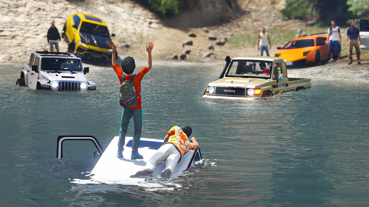 جماعة الجيب يتحدون راعي الشاص يفزع لي راعي المرسيديس من السيل : تحدي شاص : قراند 5 فلم GTA 5 V