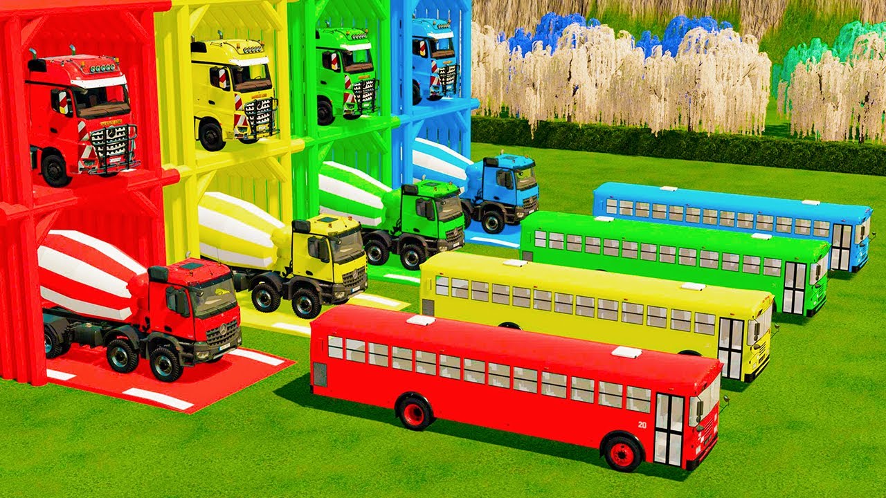 TRANSPORTING AL COLORFUL SCANIA CRANE TRUCK, VOLVO MIXER TRUCK TO GARAGE WITH FLATBED TRAILER TRUCK