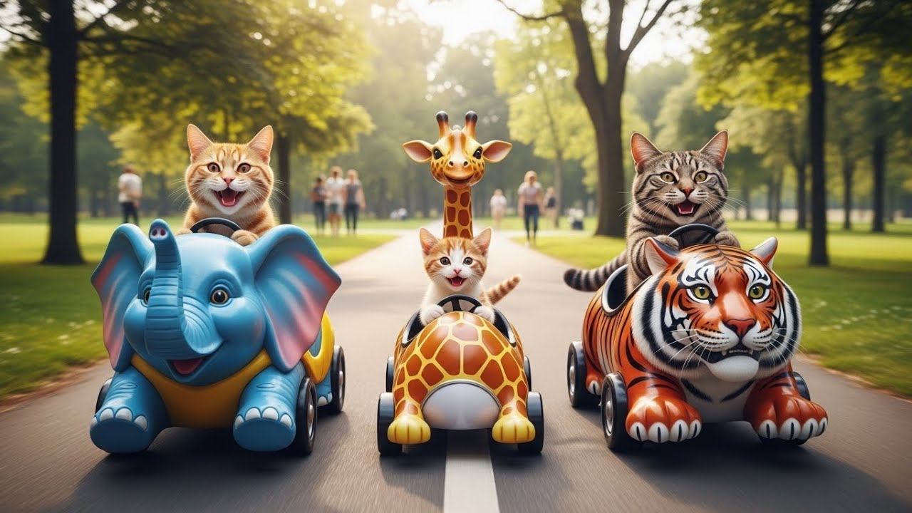 Kitten Family Races Giant Colorful Animal Cars in the Park | Too Cute to Miss