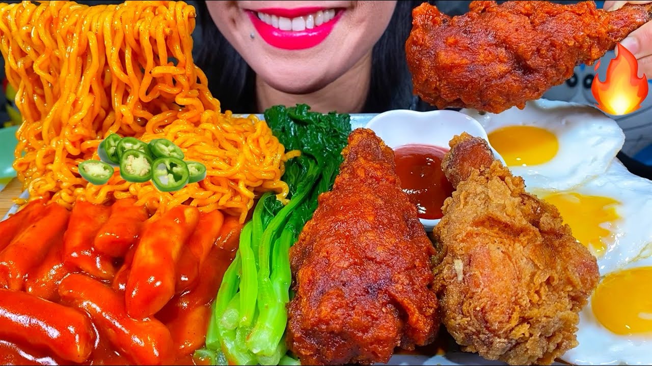 ASMR SPICY NOODLES, TTEOKBOKKI, FRIED CHICKEN, EGGS, VEGETABLES MUKBANG MASSIVE Eating Sounds