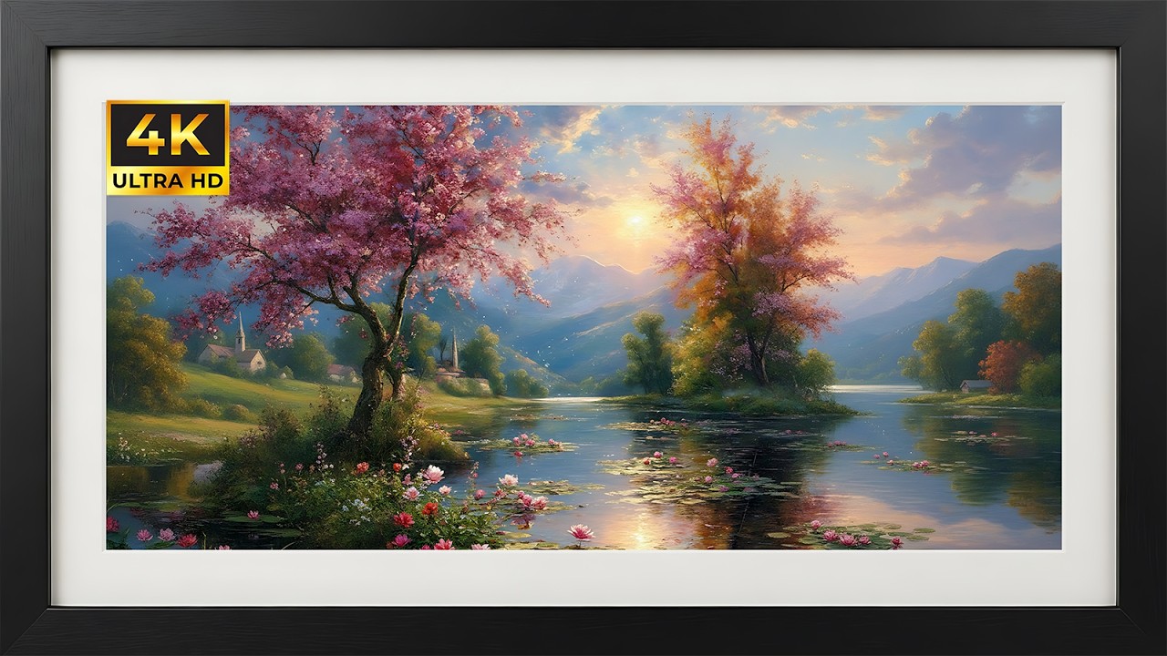 Serene Cherry Blossom Sunset | Gold Framed 4K Art Screensaver | Japanese Landscape TV Wallpaper