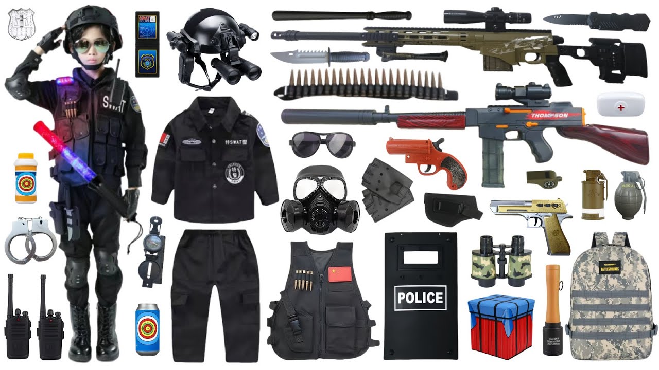 Unboxing special police toy set, MSR sniper rifle, Thomson submachine gun, special police uniform