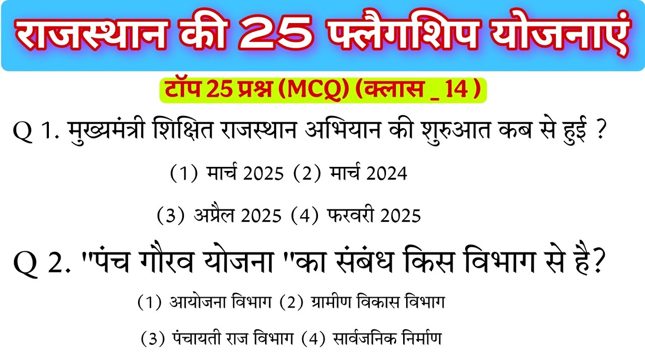 राजस्थान की फ्लेगशिप योजनाएं 2025/rajasthan ki flagship yojanaen mcq/rajasthan current affairs 2025