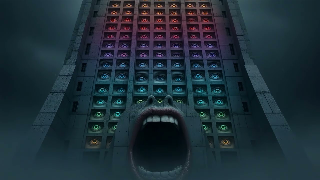 10 hours surreal building with glowing eyes mouth 4k uhd 60fps screensaver windows 11 vj loop