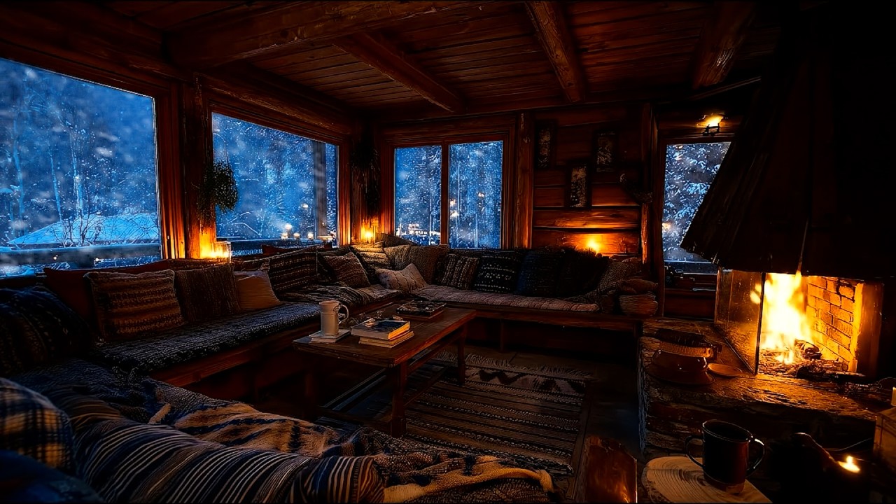 Blizzard Night in a Wooden Cabin ❄️ Relaxing Fire Sounds & Howling Wind for Sleep