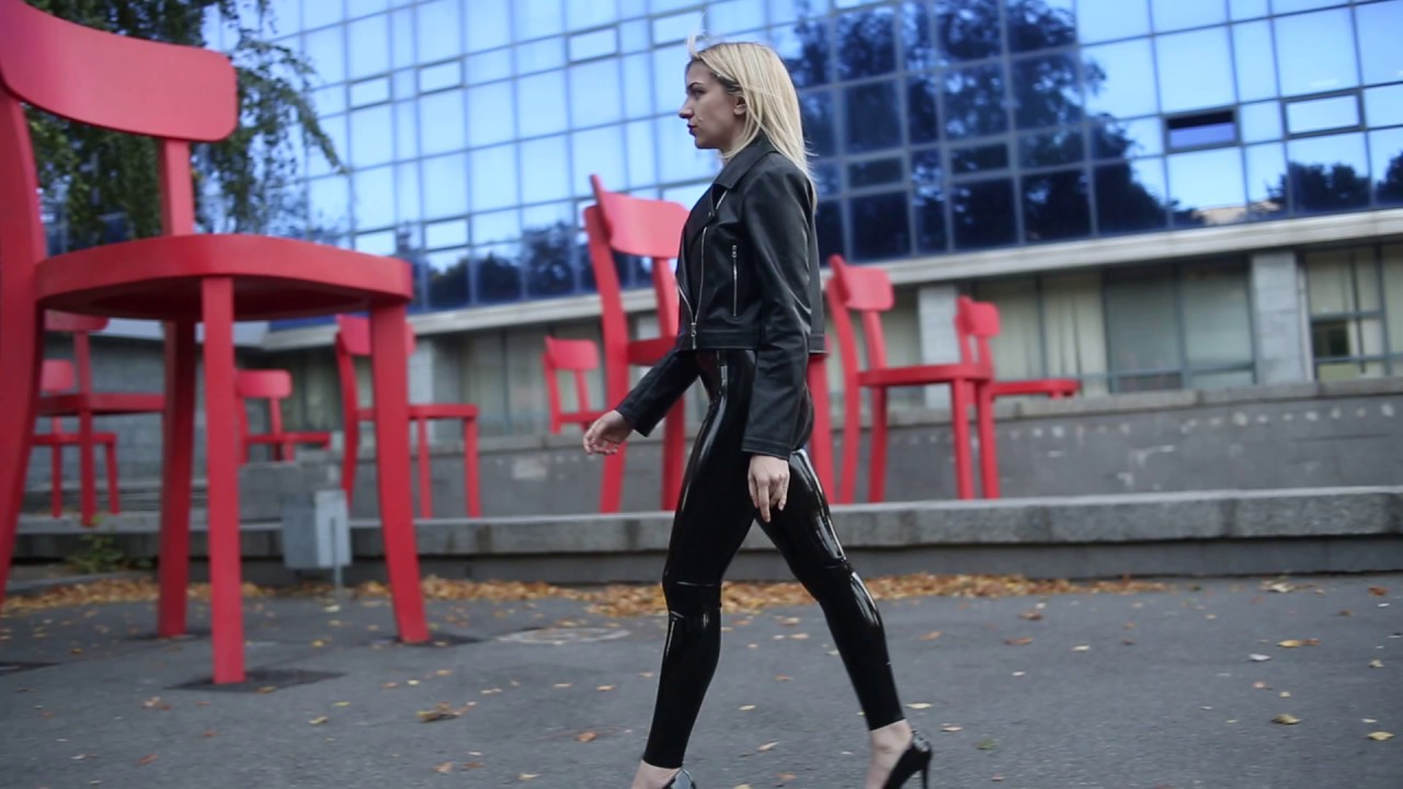 Latex leggings and leather jacket in public (preview).