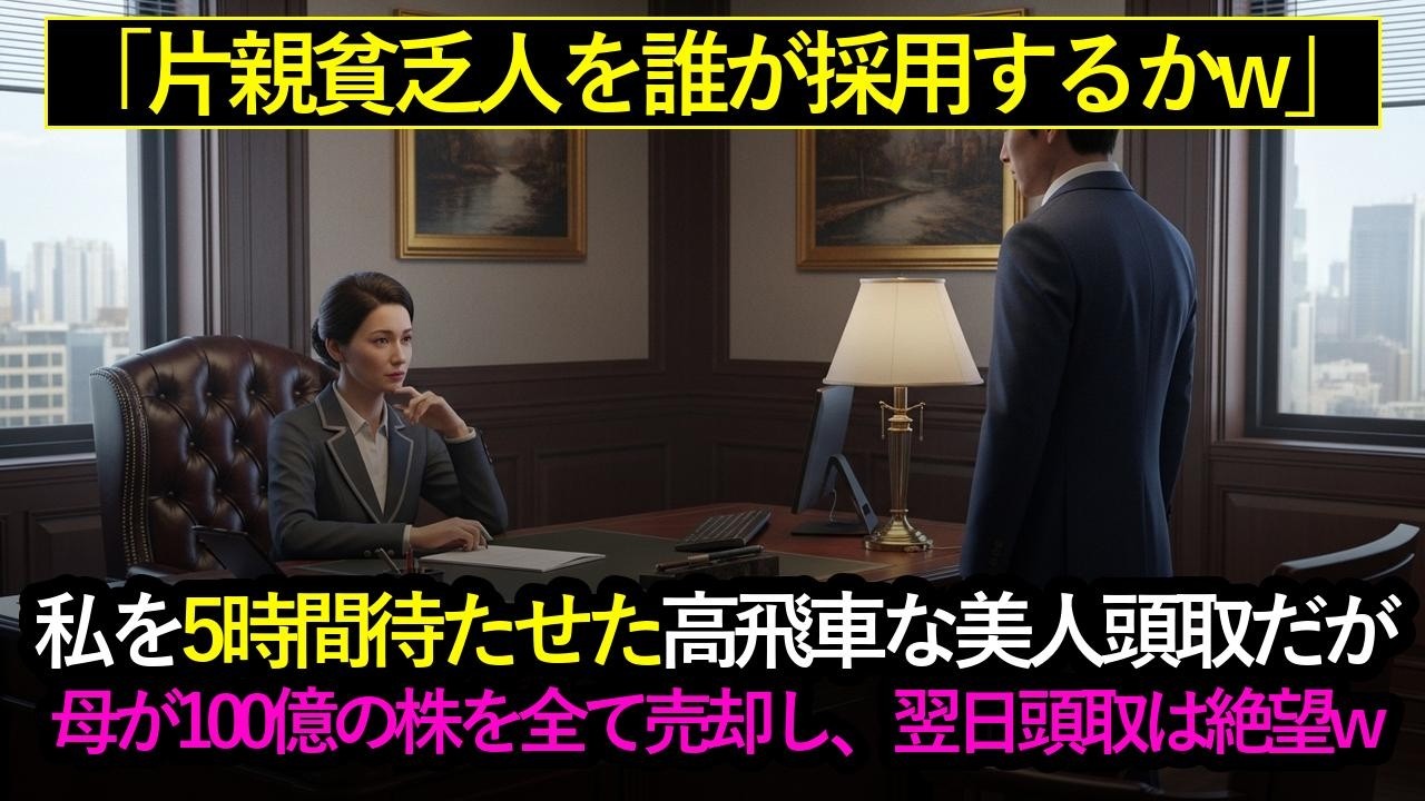 「片親貧乏人を誰が採用するかｗ」と5時間待たせた美人頭取➡母「じゃあ100億の株、全て売却ねｗ」翌日、頭取は絶望ｗ #スカッとする話