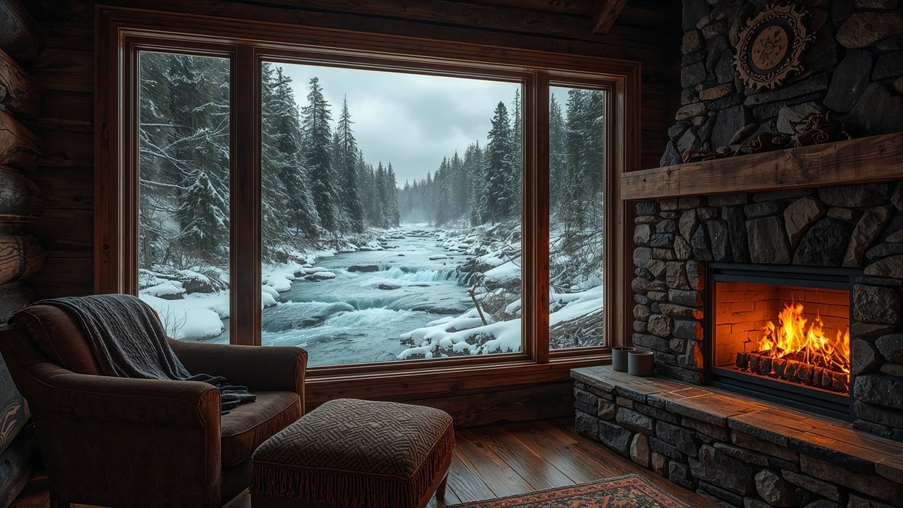 Chilly Afternoon at the River Cabin Ambience | Soothing Music & Fire Sounds (No Ads) | Read & Sleep