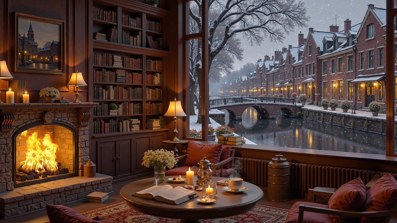 A Quiet Winter Evening by the Canal and Fireplace | Cozy Jazz for Reading, Relaxing & Focus