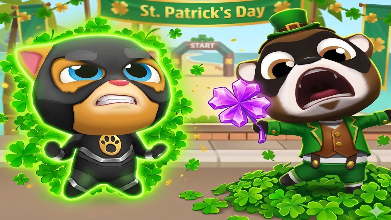 Talking Tom Gold Run St. Patrick's Day race event Super Ginger unlocked vs Roy Raccoon Gameplay