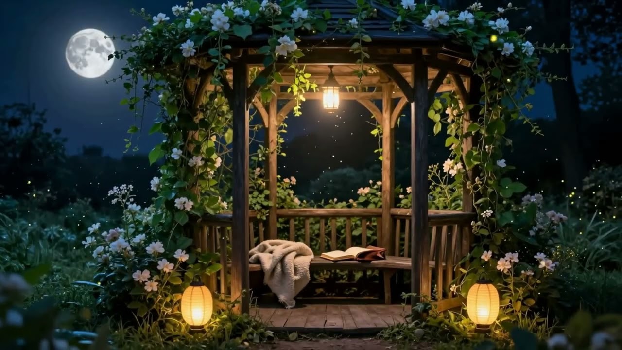Moonlit Garden Gazebo Ambience | Fireflies & Night Sounds for Sleep, Relaxation & Calm