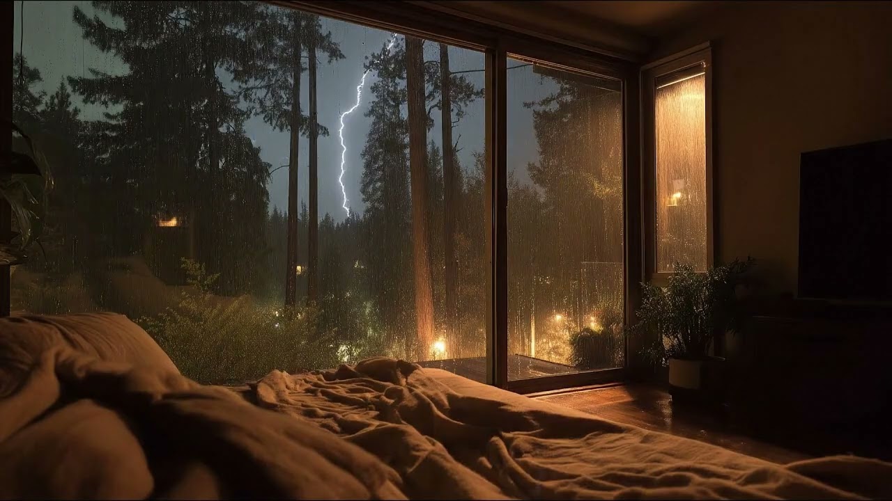Rain and Thunder Touching Every Side of a Forest Glass House | Immersive Night Storm Ambience 🌲🌧️⚡