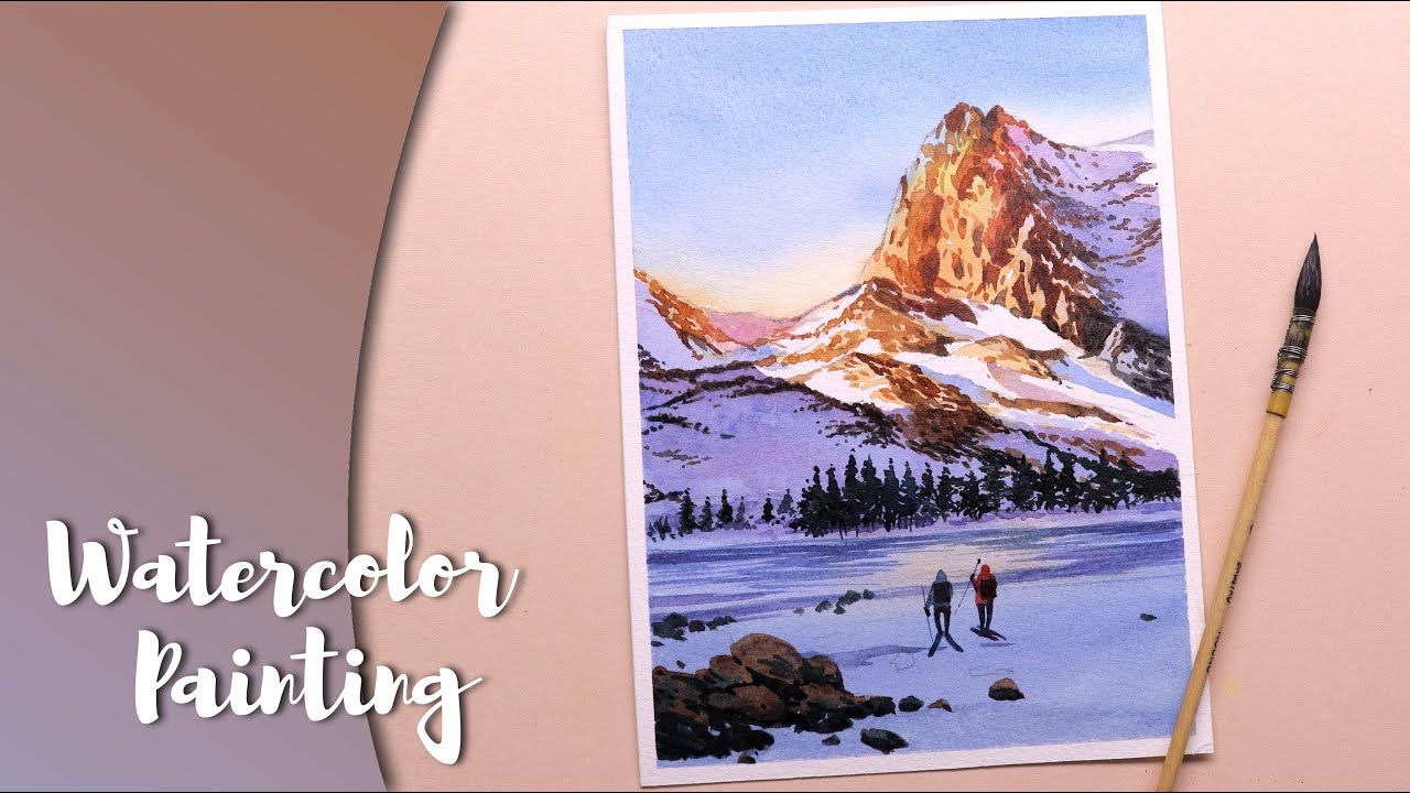 Simple watercolor painting of ice mountain landscape easy