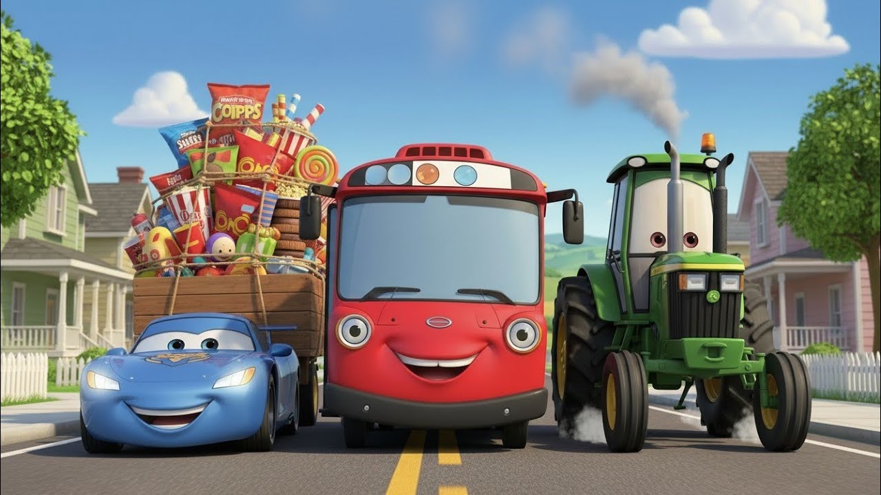 Pixar Style Comedy: Car, Bus & Tractor‑Trolley