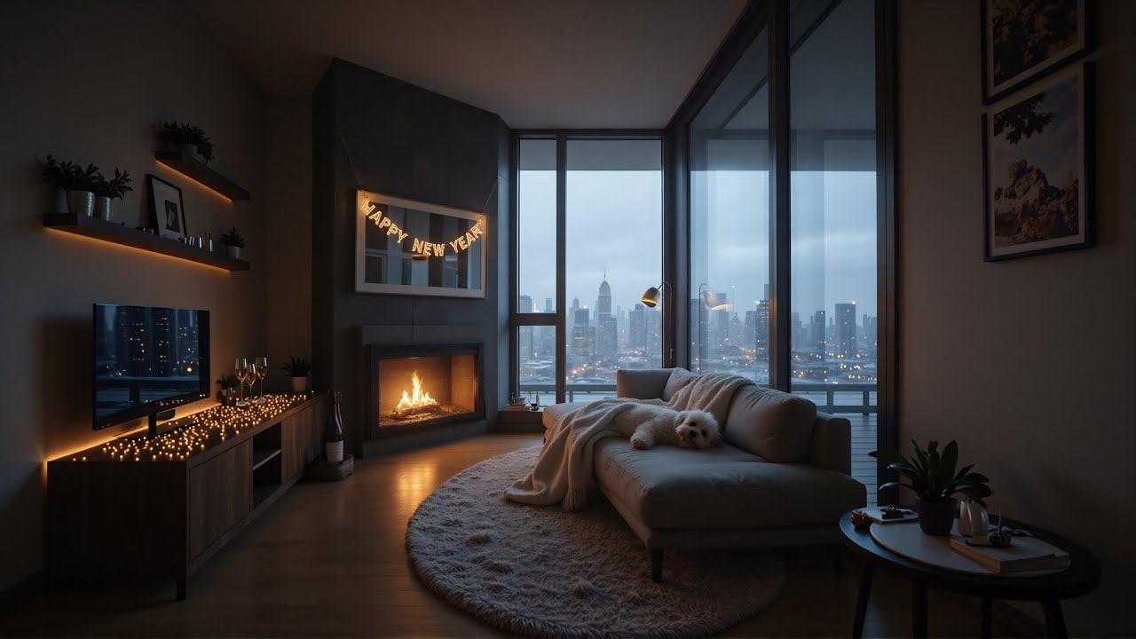New Year’s Day Calm 🌅 | Cozy Fireplace sounds, Sleeping Dog & Soft Piano