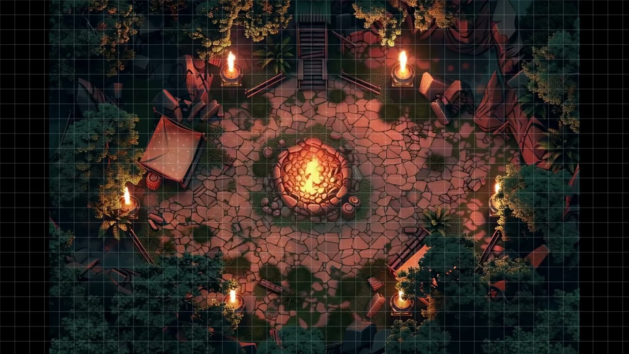 DnD compatible animated map _ Forest Campfire Scene _ square grid _ ambience for VTT