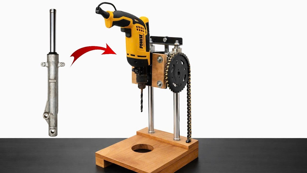 DIY Mini Drill Press / Drill Guide from a Motorcycle Shock | Perfect for Your Woodworking Shop