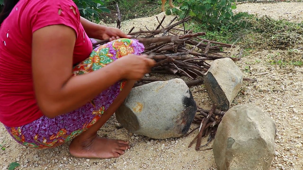 Nature Food ln the forest - woman Catch geese - Cook Egg of geese