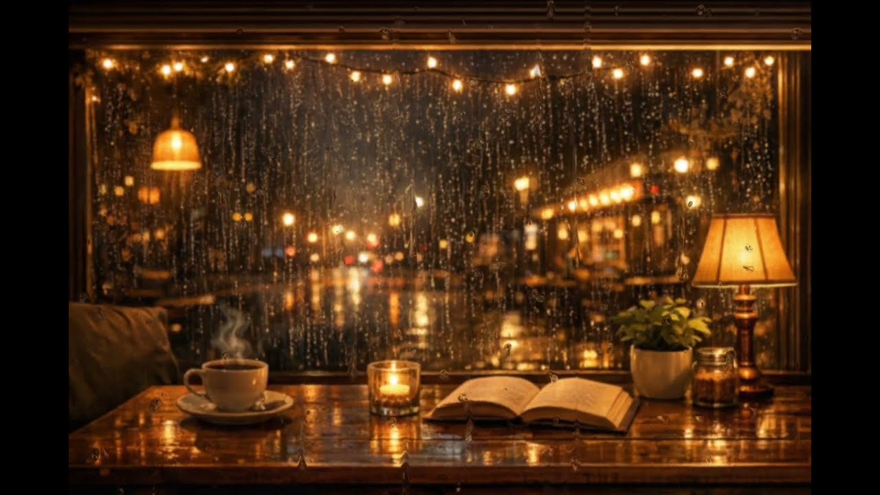 Cozy Rainy Night Cafe Ambience | Rain on Window & Relaxing Coffee Shop Sounds (2 Hours)