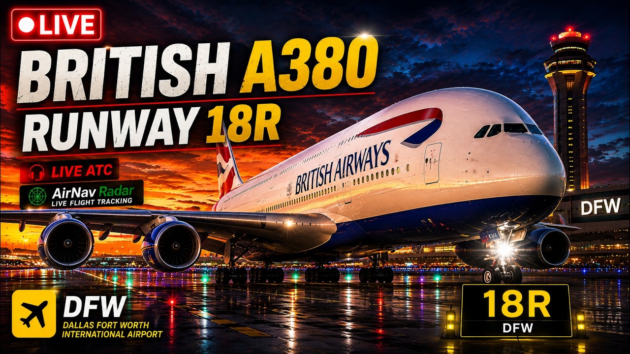 🔴 LIVE DFW Plane Spotting ✈️ BRITISH AIRWAYS A380 | Runway 18R &bull; Sunset to Midnight &bull; LIVE ATC