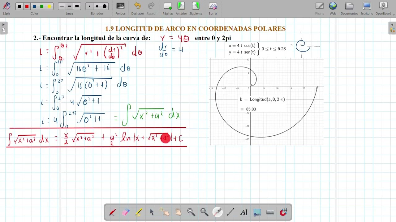 Ejercicio de longitud de arco en coordenadas polares para una espiral de Arquímedes