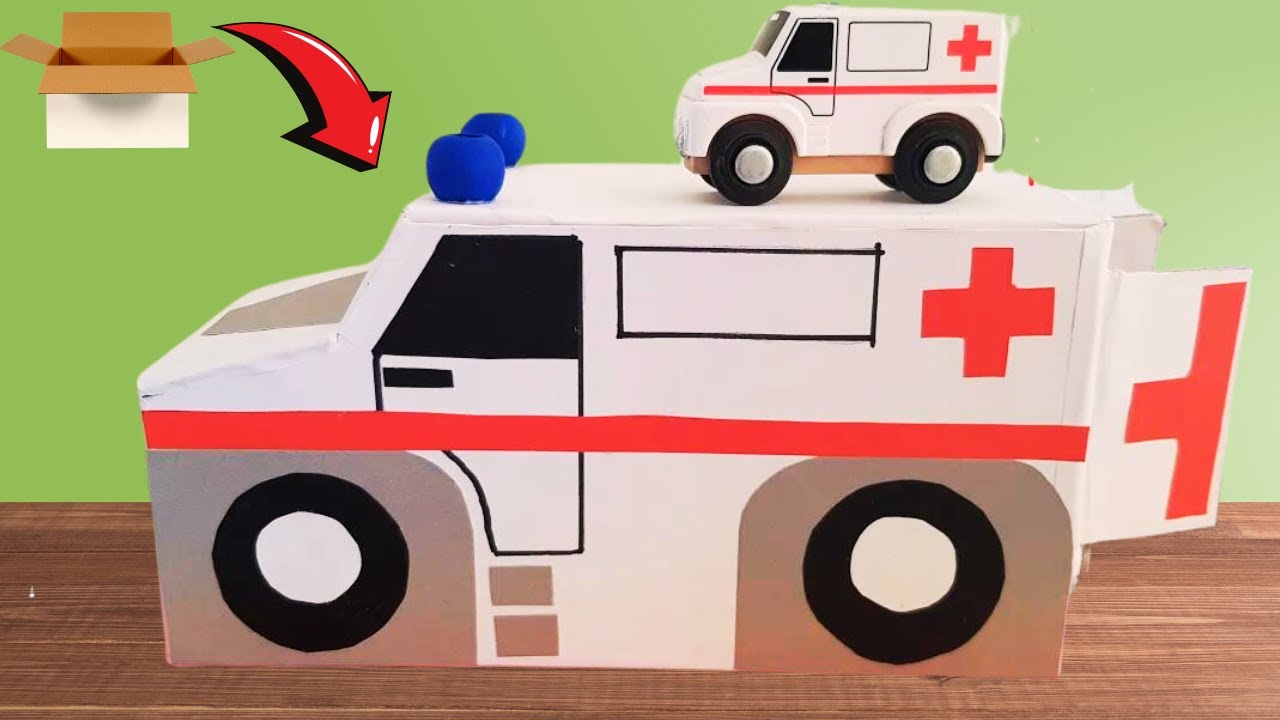 How to make an Ambulance with Cardboard, Krankenwagen aus Pappe Basteln, Rollenspiel lernen