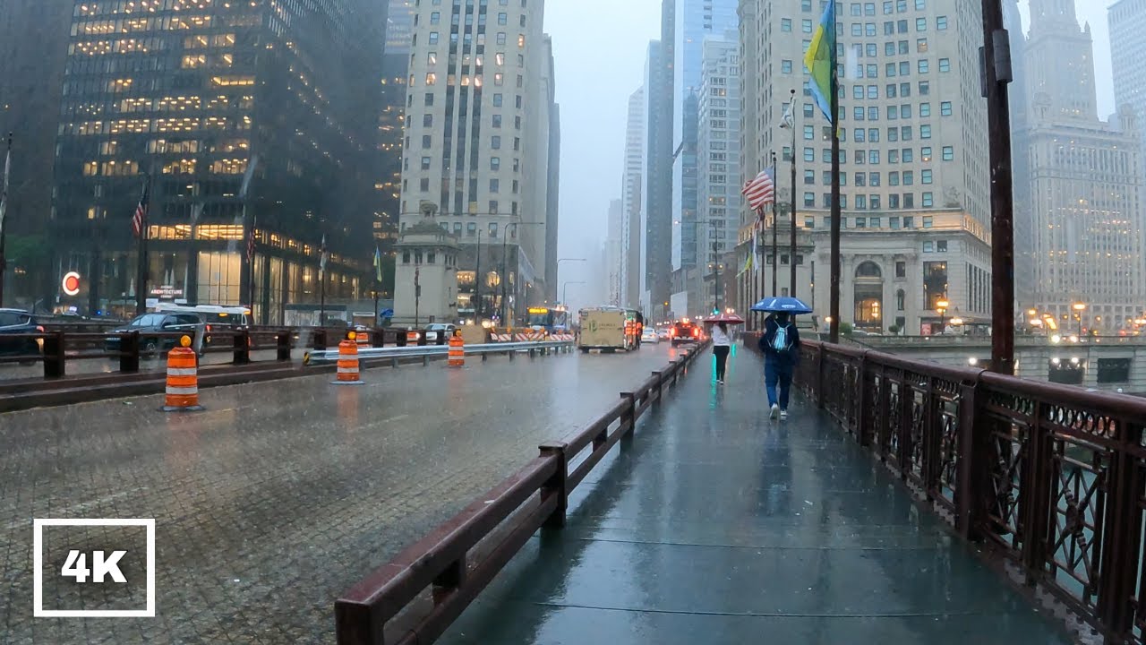 RAINY DAY IN DOWNTOWN CHICAGO, THUNDERSTORM, LIGHTNING & CITY SOUNDS [4K]