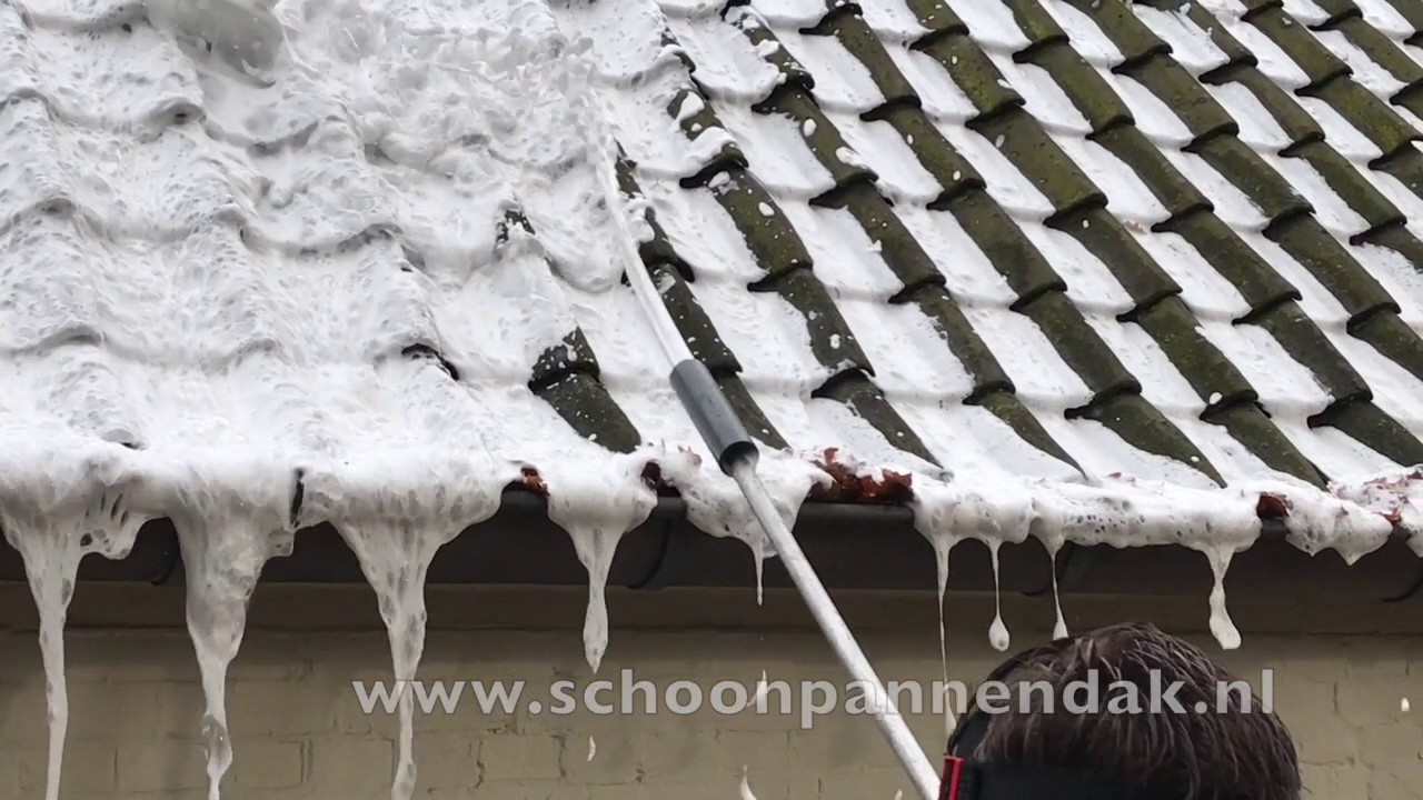 Schoonmaken groene dakpannen zonder hoge drukspuit.