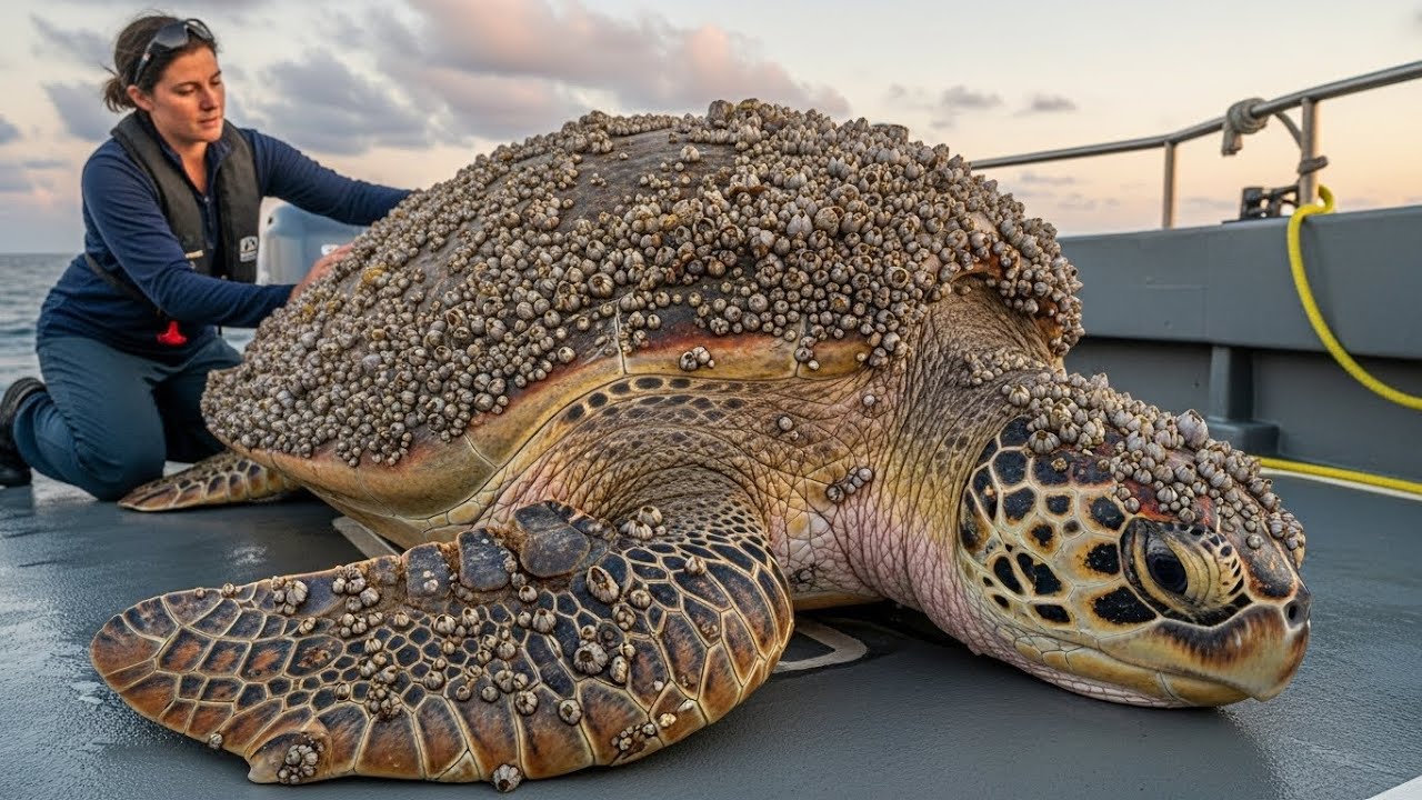 Removing Barnacles from Giant Sea Turtle Satisfying Rescue Mission