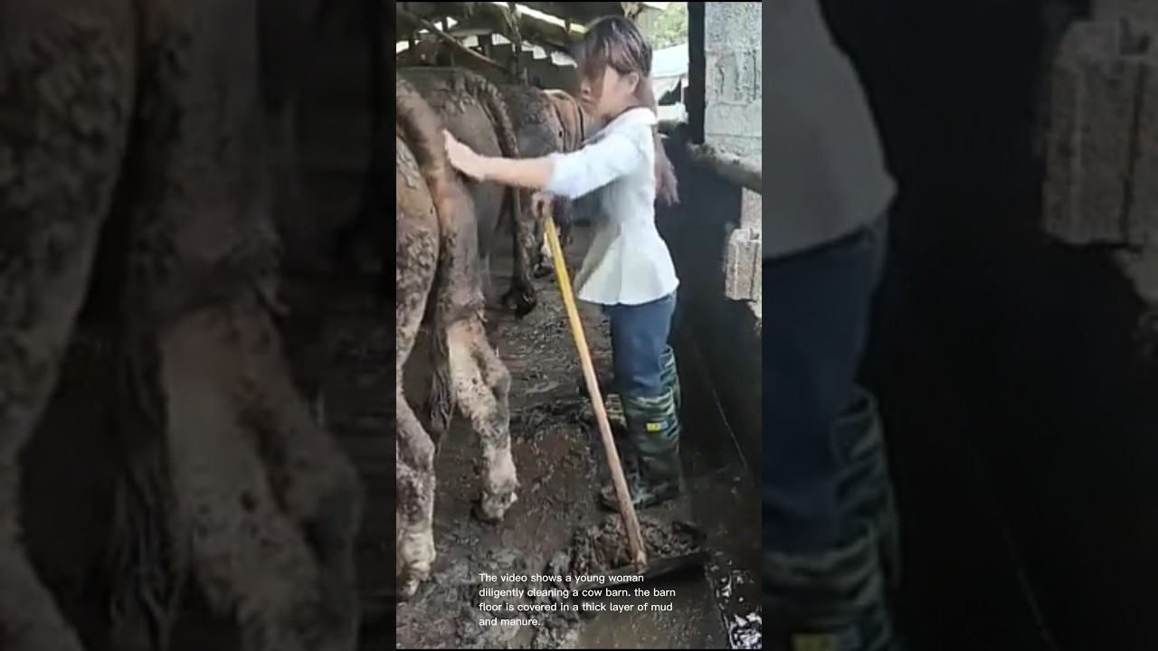 Cleaning a cow barn: hard work farm life cleaning cow manure