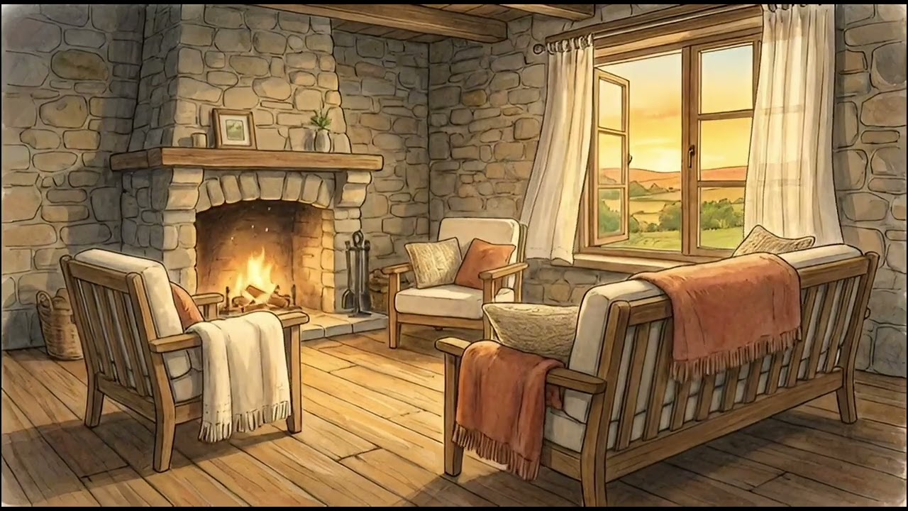 Cozy Living Room Fireplace Ambience | Ghibli studio style | Calm Moving Scene for TV & Relaxation 