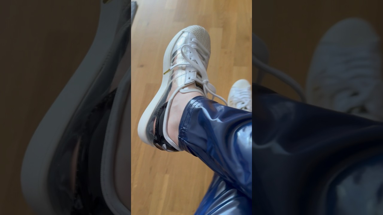 ASMR Adidas Superstar transparent sockless feet and blue Latex Pant