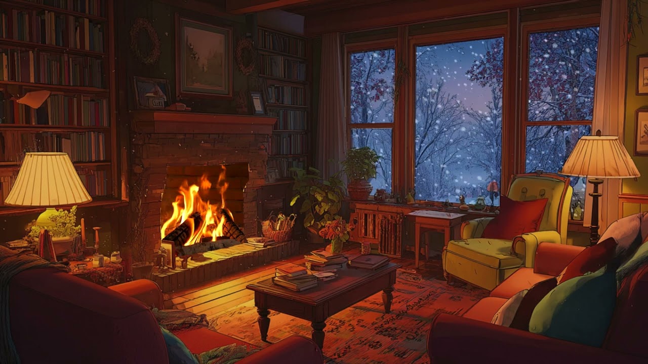 Calm Snowy Atmosphere Indoors with Steady Firelight and Gentle Air