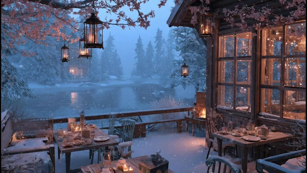 Soft Piano Cozy Winter Lakeside Cabin ❄️ 1 Hours of Soft Piano, Snowfall & Candlelight Ambience