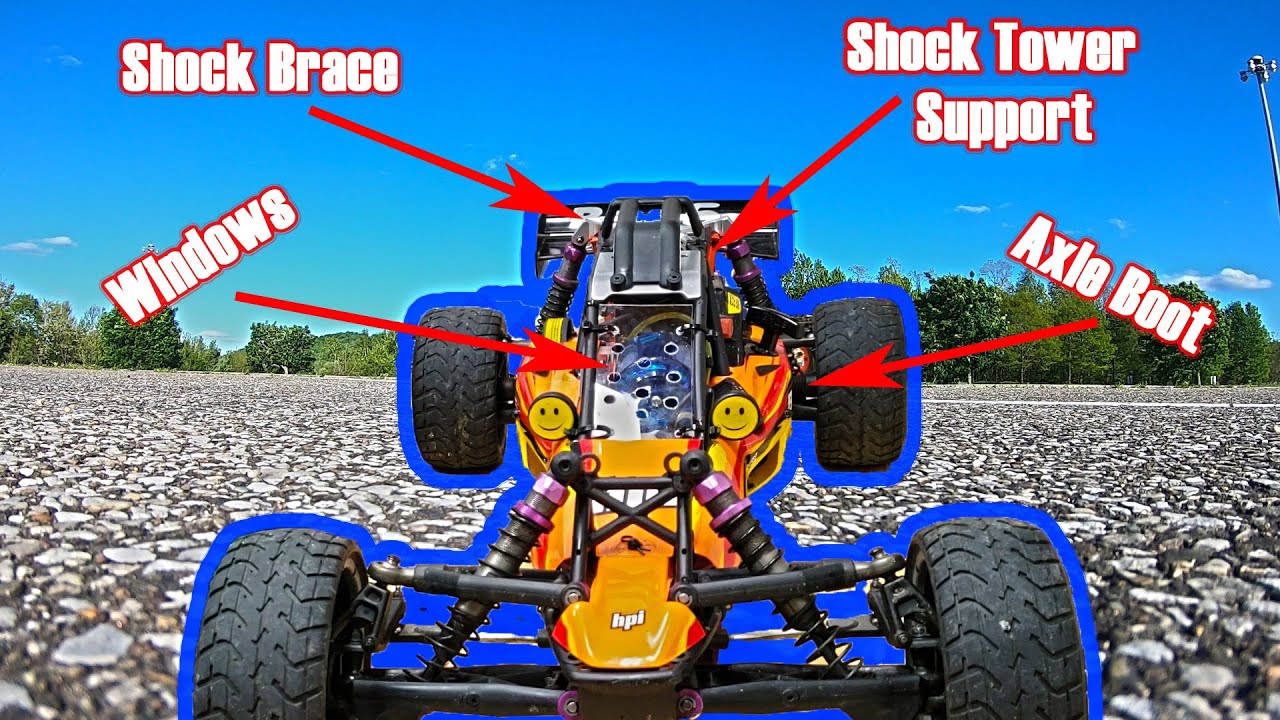 HPI Baja 5B Upgrades: 2.4Ghz DumboRC TX/RX (w/Gyro)/Shock Tower Support & Brace/Axle Boots/Windows!