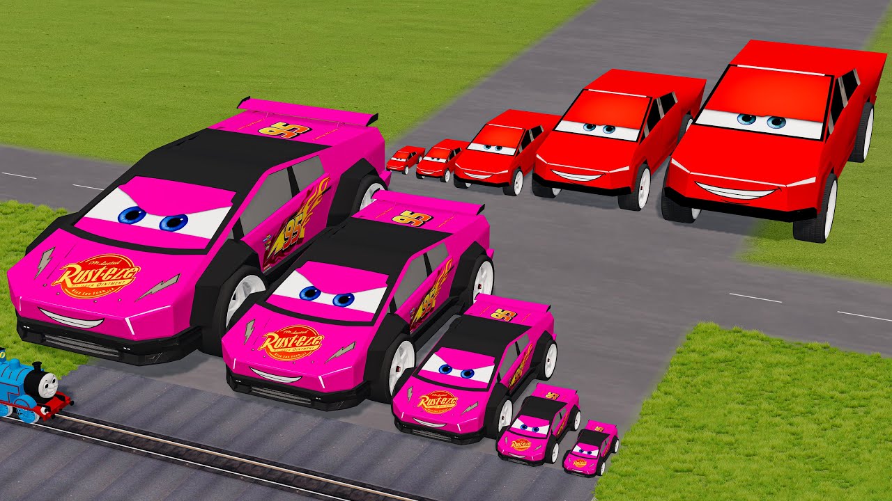 Big & Small Colors Tesla Cybertruck Lightning Mcqueen vs Trains Thomas | BeamNG.drive