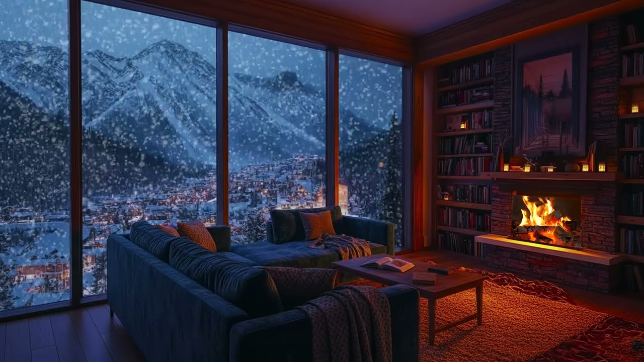 Gentle Snowfall by a Rustic Mountain Cabin with Warm Fireplace Ambience for Study & Relaxation