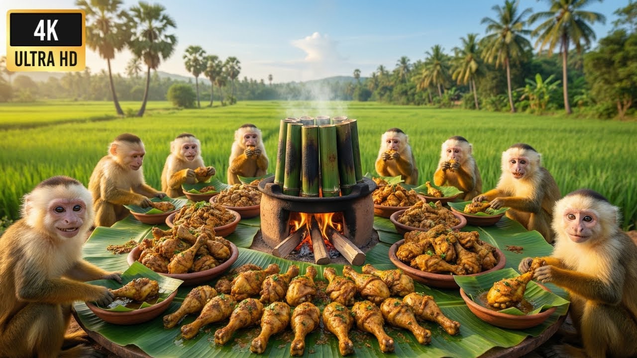 बंदरों ने पिकनिक पर बनाई बांस चिकेन 😍🔥 | Monkeys Made Delicious Bamboo Chicken Picnic Feast